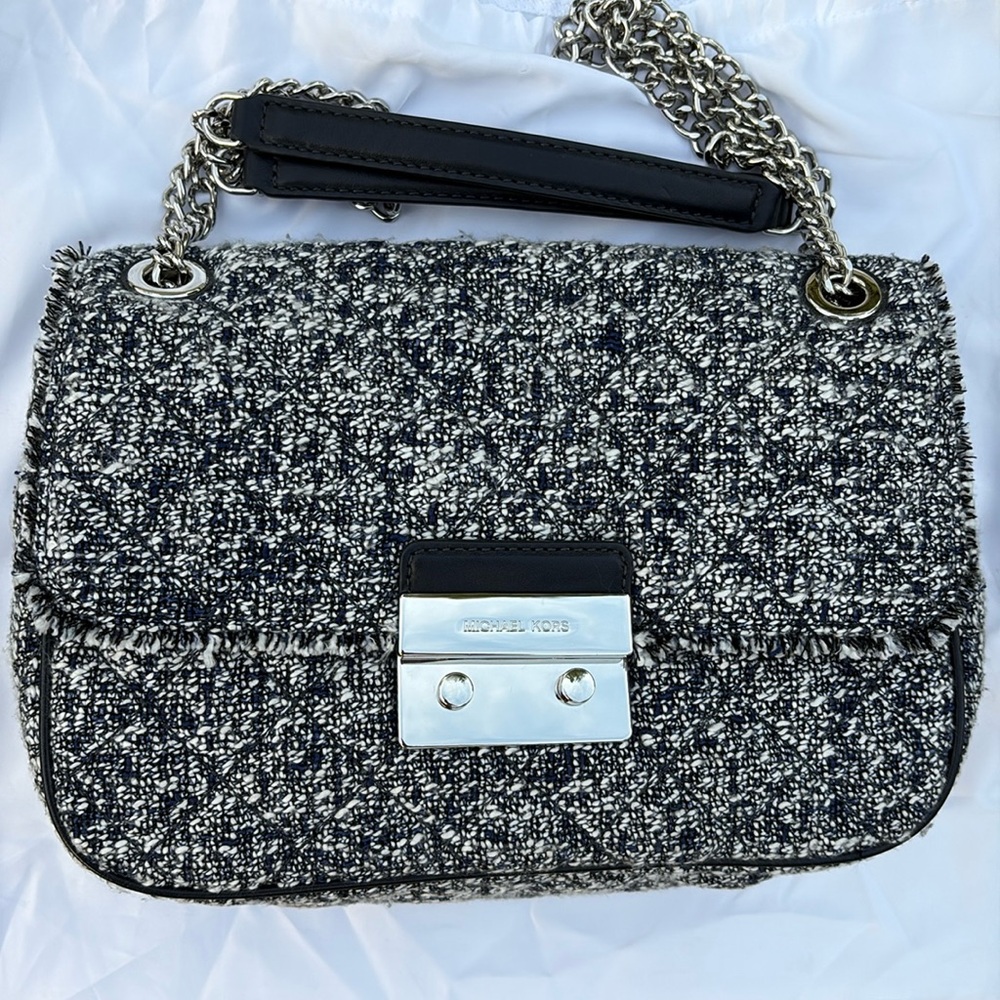 Michael Kors Sloan Large Admiral Tweed Shoulder Bag Navy Blue silver chevron - Picture 4 of 16